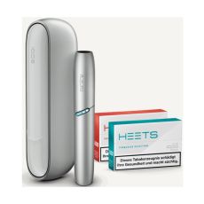 Tabakerhitzer IQOS Originals Duo Kit Silver. Silberner Tabakerhitzer mit passenden Holder und zwei Packungen HEETS.