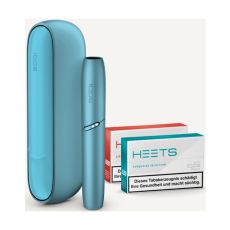 Tabakerhitzer IQOS Originals Duo Kit Turquoise. Türkiser Tabakerhitzer mit passenden Holder und zwei Packungen HEETS.