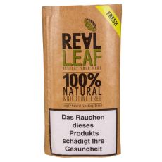 Pouch Real Leaf Natural Fresh Tabakersatz. Braunes Päckchen mit grün-schwarzem Real Leaf Logo mit Blatt.