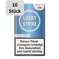 Packung Tabaksticks Lucky Strike Balanced Tobacco. Hellblaue Schachtel mit weißer Lucky Strike Aufschrift und 10 Stück Buttom.