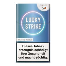 Packung Tabaksticks Lucky Strike Balanced Tobacco. Hellblaue Schachtel mit weißer Lucky Strike Aufschrift
