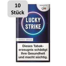 Packung Tabaksticks Lucky Strike Rounded Tobacco. Dunkelblaue Schachtel mit weißer Lucky Strike Aufschrift und 10 Stück Buttom.