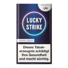 Packung Tabaksticks Lucky Strike Rounded Tobacco. Dunkelblaue Schachtel mit weißer Lucky Strike Aufschrift