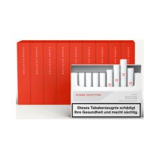 Stange Tabaksticks IQOS HEETS Sienna Selection 200 Stück. Zehn rote Packungen mit Tabaksticks im Vordergrund.