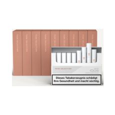 Stange Tabaksticks IQOS HEETS Teak Selection 200 Stück. Zehn beige Packungen mit Sticks im Vordergund. 