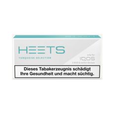 Packung Tabaksticks IQOS HEETS Turquoise Selection 20 Stück. Graue Packung mit türkisem Heets Logo.