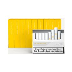 Stange Tabaksticks IQOS HEETS Yellow Selection 200 Stück. Zehn gelbe Packungen mit Tabaksticks im Vordergrund. 