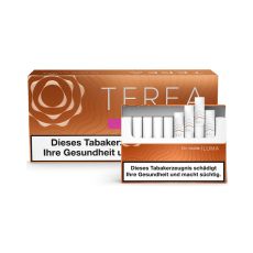 Stange Tabaksticks IQOS Terea Amber 200 Stück. Hellbraune Packungen mit Tabaksticks im Vordergrund. 