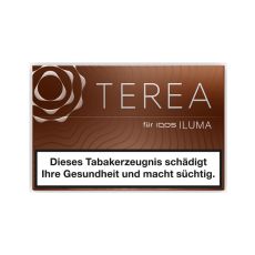 Packung Tabaksticks IQOS Terea Bronze. Dunkelbraune Packung mit silbener Terea und Iluma Aufschrift.