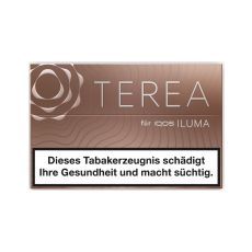 Packung Tabaksticks IQOS Terea Teak. Dunkelbeige Packung mit silbener Terea und Iluma Aufschrift.