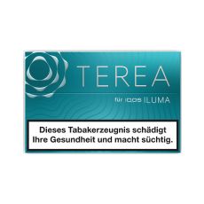 Packung Tabaksticks IQOS Terea Turqouise. Blaue Packung mit silbener Terea und Iluma Aufschrift.