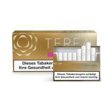 Stange Tabaksticks IQOS Terea Warm Fuse 200 Stück. Goldene Packungen mit Tabaksticks im Vordergrund. 