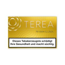 Packung Tabaksticks IQOS Terea Yellow. Gelbe Packung mit silbener Terea und Iluma Aufschrift.