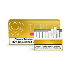 Stange Tabaksticks IQOS Terea Yellow 200 Stück. Gelbe Packungen mit Tabaksticks im Vordergrund. 