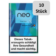 Stange Neo Tabaksticks Blue Click. Blau-grüne gemusterte Packung mit Neo und Glo Logo und 10 Stück Buttom.