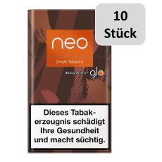 Stange Neo Tabaksticks Tobacco Bright. Zehn Packungen braun-ocker-gelb gemustert mit Neo Logo.