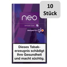 Stange Neo Tabaksticks Brillant Click. Lila-Blaue mamorierte Packung mit Neo und Glo Logo und 10 Stück Buttom.