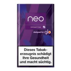 Packung Tabaksticks Brillant Click. Lila-Blaue mamorierte Packung mit Neo und Glo Logo.