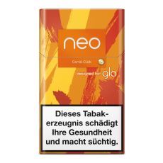 Packung Tabaksticks Neo Coral Click. Orange-gelb-rot gemusterte Packung mit Neo und Glo Logo.