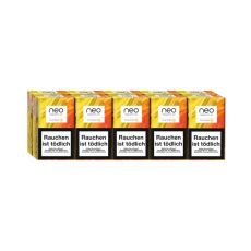 Stange Neo Tabaksticks Coral Switch. Zehn Packungen gelb-orange gemustert mit Neo Logo.