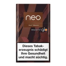 Packung Tabaksticks Neo Dark Tobacco. Braun-schwarz mamorierte Schachtel mit Neo und Glo Logo.
