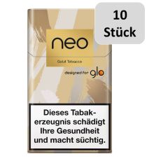 Stange Tabaksticks Neo Gold Tobacco. Beige-weiß-graue marmorierte Schachtel mit goldenem Neo Logo und 10 Stück Buttom.