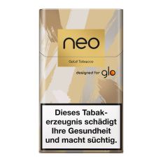 Packung Tabaksticks Neo Gold Tobacco. Beige-weiß-graue gemusterte Schachtel mit goldenem Neo Logo.