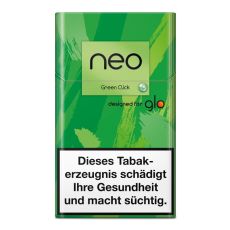 Packung Tabaksticks Green Click. Grün-gemusterte Packung mit Neo und Glo Logo.