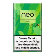 Packung Tabaksticks Neo Green . Grün-gemusterte Packung mit Neo und Glo Logo.