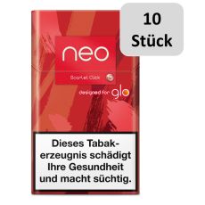 Stange Neo Tabaksticks Scarlet Click. Rot-mamorierte Packung mit Neo und Glo Logo und 10 Stück Buttom.