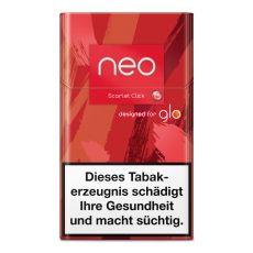 Packung Tabaksticks Scarlet Click. Rot-mamorierte Packung mit Neo und Glo Logo.
