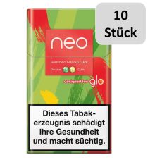 Stange Neo Tabaksticks Summer Yellow Click. Grün-gelb-rote mamorierte Packung mit Neo und Glo Logo und 10 Stück Buttom.