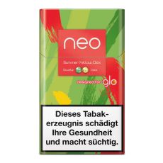 Packung Tabaksticks Neo Summer Yellow Click. Grün-gelb-rote gemusterte Packung mit Neo Logo und Double Click Buttom.