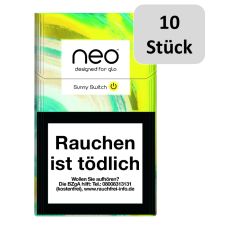 Stange  Neo Tabaksticks Sunny Switch. Zehn Packungen beige-gelb-türkis gemustert mit Neo Logo.