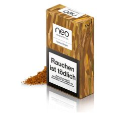 Packung Neo Tabaksticks Tobacco Bright in braun-ocker-gelb mamoriert mit losem Tabak.