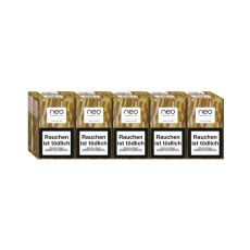 Stange Neo Tabaksticks Tobacco Bright. Zehn Packungen braun-ocker-gelb gemustert mit Neo Logo.