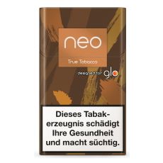 Packung Neo Tabaksticks True Tobacco. Braun-ocker-beige mamoriert Schachtel mit goldenem Neo Logo.