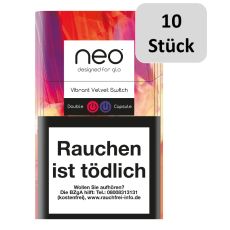 Stange Neo Tabaksticks Vibrant Velvet Switch. Rot-beige-lila gemusterte Schachtel mit weißen Neo Logo und 10 Stück Buttom.