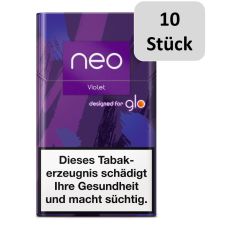 Stange Neo Tabaksticks Violet. Lila-Blaue mamorierte Packung mit Neo und Glo Logo und  10 Stück Bottom.