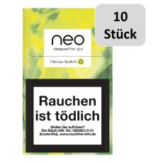 Stange Neo Tabaksticks Sunny Switch. Gelb-grün gemusterte Packung mit Neo und Glo Logo und 10 Stück Buttom.