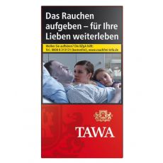 Schachtel  Zigaretten Tawa Rot Long. Schlanke rote Packung mit weißer Tawa Aufschrift und goldenem Wappen mit Löwen.