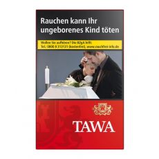 Schachtel  Zigaretten Tawa Rot. Kleine rote Packung mit weißer Tawa Aufschrift und goldenem Wappen mit Löwen.