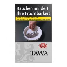 Schachtel Zigaretten Tawa Silver. Kleine silberne Packung mit schwarzer Tawa Aufschrift und rotem Wappen mit Löwen.