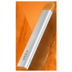 Veev Now Einweg E-Zigarette Peach. Silbernes Gerät mit grauer Veev Aufschrift und orangen Mundstück.