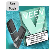 Veev One Liquid Pods Blue Mint. Hellgrüne Packung mit grauem 5er Pack Bottom und schwarzem Liquid Pods.