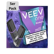Veev One Liquid Pods Blueberry. Blau-lila Packung mit grauem 5er Pack Bottom und schwarzem Liquid Pods.