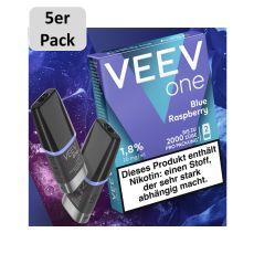 Veev One Liquid Pods Blue Raspberry. Türkis-lila Packung mit grauem 5er Pack Bottom und schwarzem Liquid Pods.