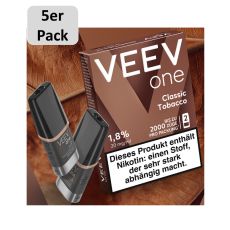 Veev One Liquid Pods Classic Tobacco. Hell-dunkel braune Packung mit grauem 5er Pack Bottom und schwarzem Liquid Pods.