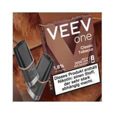 Packung Veev One Liquid Pods Classic Tobacco. Hell-dunkel braune Packung mit weißer Veev One Aufschrift und schwarze Pods.