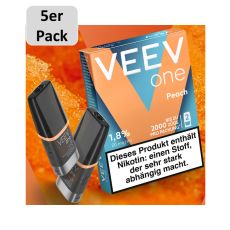 Veev One Liquid Pods Peach. Blau-orange Packung mit grauem 5er Pack Bottom und schwarzem Liquid Pods.